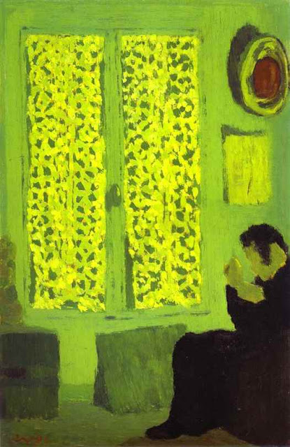 Edouard Vuillard 1891 The Green Interior or Figure in front of a Window with Drawn Curtains oil on cardboard